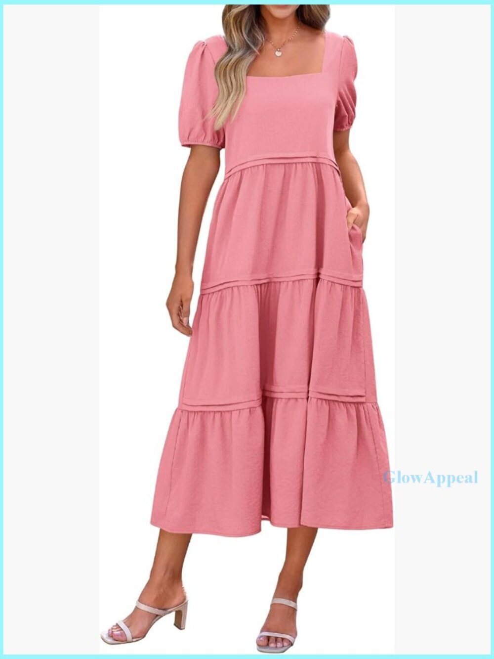 Boho Puff Sleeve Square Neck Maxi Dress with Pockets Loose Fit Tiered
